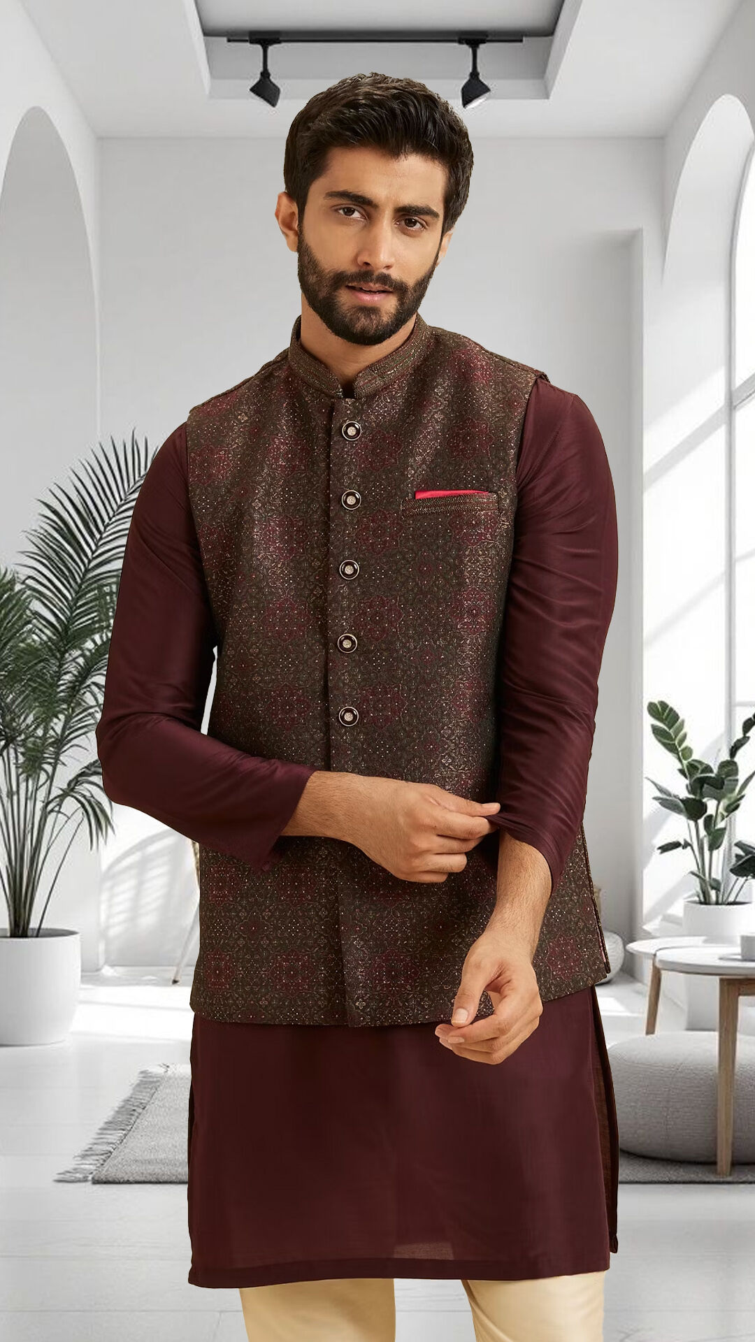 Man in maroon kurta with textured brown Nehru jacket and cream trousers, perfect for festive and wedding wear.